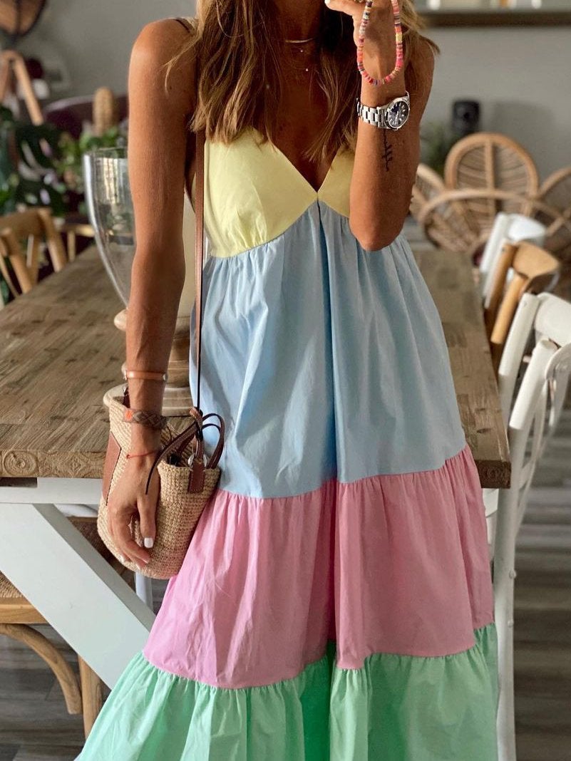 Casual V-neck Contrast Beach Dress - Maxi Dresses - INS | Online Fashion Free Shipping Clothing, Dresses, Tops, Shoes - 20-30 - 29/06/2021 - color-light-blue