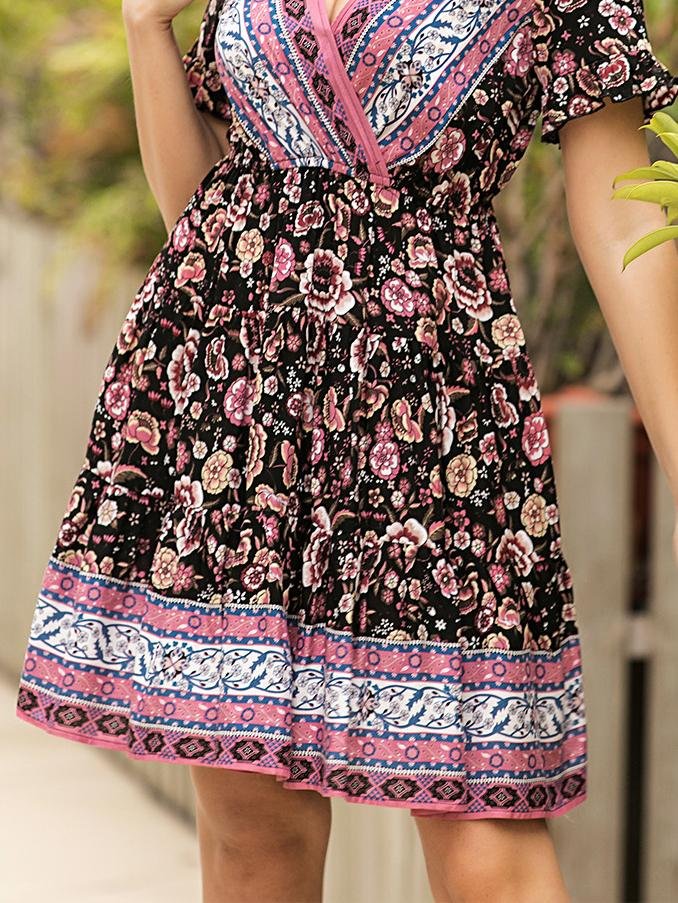 Casual V-neck Floral Print Beach Dress - Mini Dresses - INS | Online Fashion Free Shipping Clothing, Dresses, Tops, Shoes - 01/06/2021 - Color_Black - Color_Blue