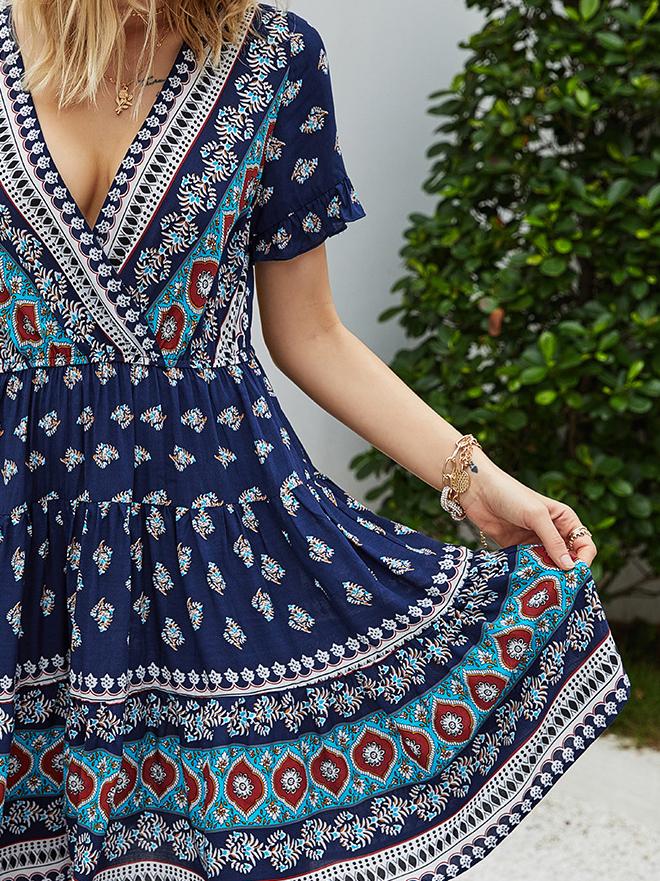 Casual V-neck Floral Print Beach Dress - Mini Dresses - INS | Online Fashion Free Shipping Clothing, Dresses, Tops, Shoes - 01/06/2021 - Color_Black - Color_Blue