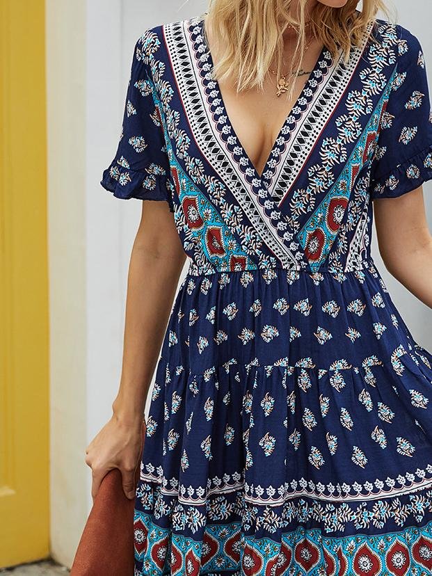 Casual V-neck Floral Print Beach Dress - Mini Dresses - INS | Online Fashion Free Shipping Clothing, Dresses, Tops, Shoes - 01/06/2021 - Color_Black - Color_Blue