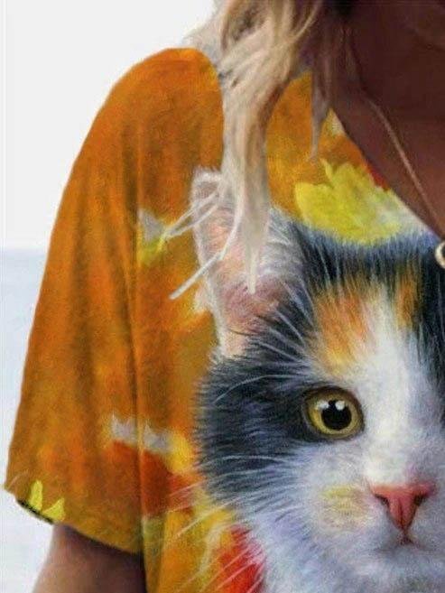 Cat Printed V-neck T-shirt - T-shirts - INS | Online Fashion Free Shipping Clothing, Dresses, Tops, Shoes - 08/06/2021 - Color_Black - Color_Yellow