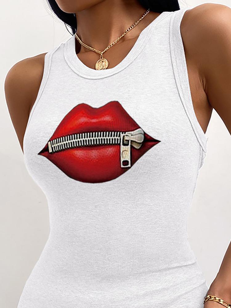Charming Lip Zipper Print Slit Ribbed Tank Dress - Bodycon Dresses - INS | Online Fashion Free Shipping Clothing, Dresses, Tops, Shoes - 26/04/2021 - Bodycon Dresses - Color_White