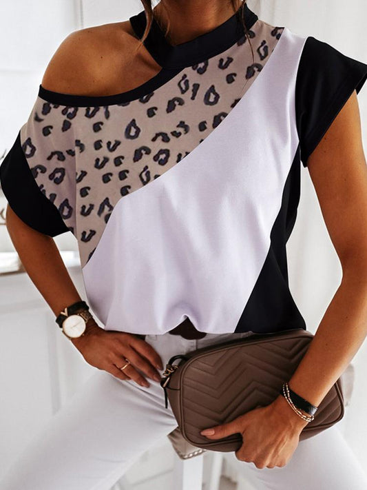 Cheetah Print Colorblock One Shoulder T-shirt - T-Shirts - INS | Online Fashion Free Shipping Clothing, Dresses, Tops, Shoes - 21/04/2021 - Catagory_T-Shirts - Color_Black