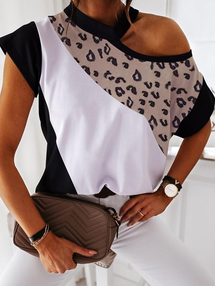 Cheetah Print Colorblock One Shoulder T-shirt - T-Shirts - INS | Online Fashion Free Shipping Clothing, Dresses, Tops, Shoes - 21/04/2021 - Catagory_T-Shirts - Color_Black