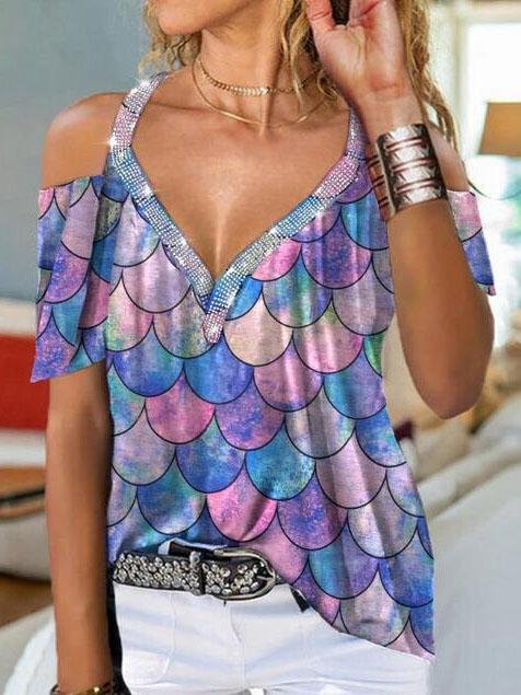 Chic V-neck Off-shoulder Short-sleeved Printed Top - T-shirts - INS | Online Fashion Free Shipping Clothing, Dresses, Tops, Shoes - 04/06/2021 - Color_Black - Color_Purple