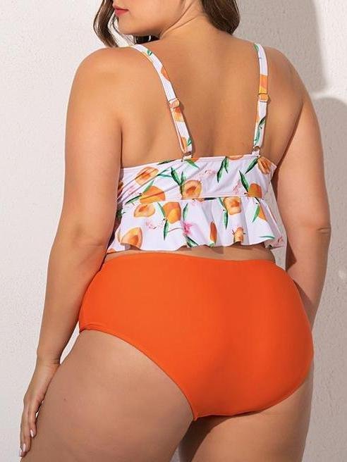 Chiffon Plus Size Printed Ruffled High Waist Swimsuit - Plus Swimsuits - INS | Online Fashion Free Shipping Clothing, Dresses, Tops, Shoes - 22/04/2021 - Catagory_Plus Swimsuits - Color_Yellow