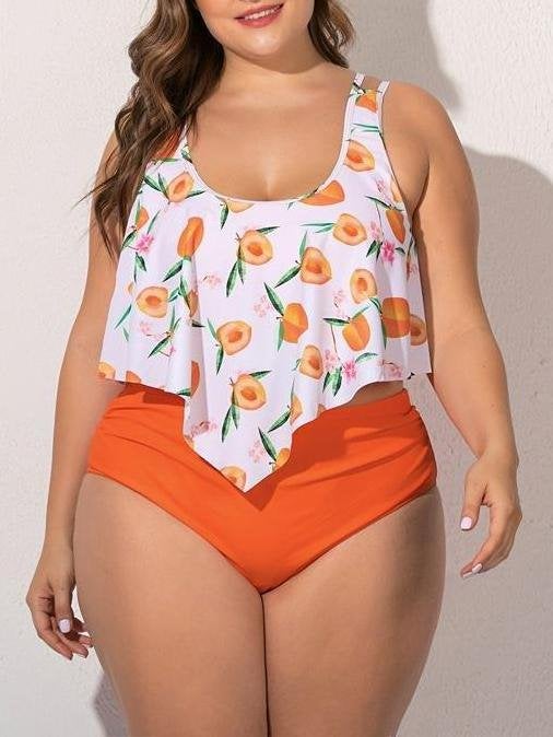 Chiffon Plus Size Printed Ruffled High Waist Swimsuit - Plus Swimsuits - INS | Online Fashion Free Shipping Clothing, Dresses, Tops, Shoes - 22/04/2021 - Catagory_Plus Swimsuits - Color_Yellow