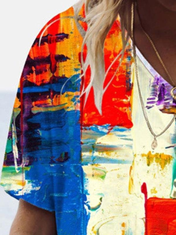 Color Block Printed V-neck Short-sleeved T-shirt - T-shirts - INS | Online Fashion Free Shipping Clothing, Dresses, Tops, Shoes - 07/06/2021 - Color_Blue - Size_2XL