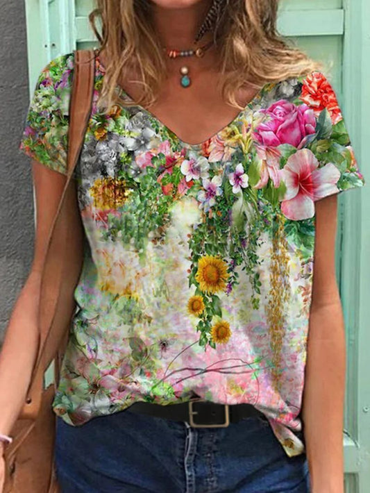 Color Flower Print Short Sleeve V-neck T-shirt - T-Shirts - INS | Online Fashion Free Shipping Clothing, Dresses, Tops, Shoes - 03/06/2021 - Category_T-Shirts - Color_Multicolor