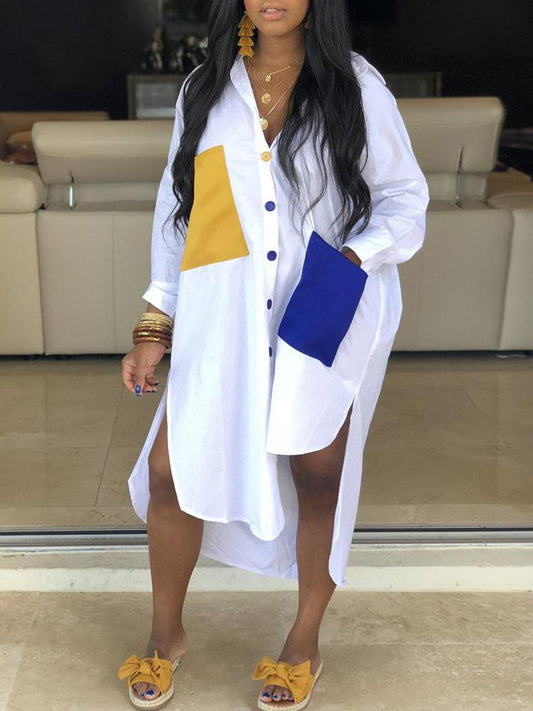 Colorblock Pocket Design Irregular Shirt Dress - Shirt Dresses - INS | Online Fashion Free Shipping Clothing, Dresses, Tops, Shoes - 29/04/2021 - Category_Shirt Dresses - Color_White