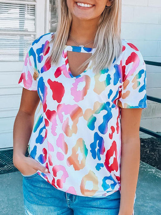 Colorful Leopard Print Cut-outed V Neck T-shirt - T-shirts - INS | Online Fashion Free Shipping Clothing, Dresses, Tops, Shoes - 10-20 - 29/06/2021 - color-multi