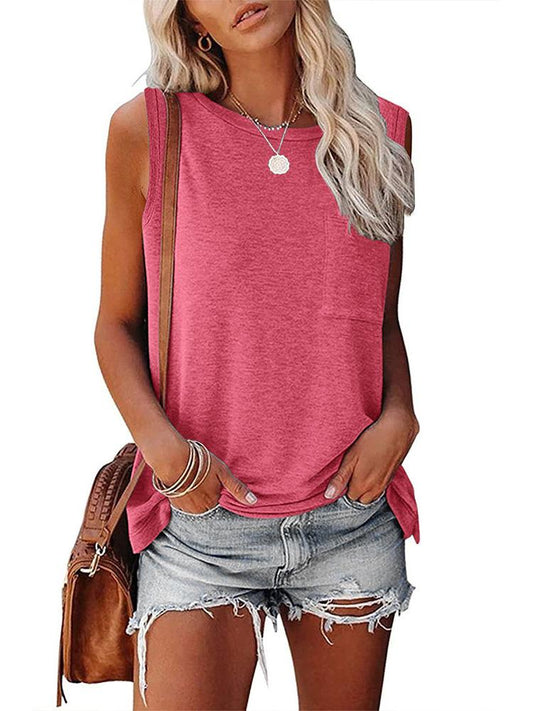 Crew Neck Sleeveless T-Shirt With Side Slits - T-Shirts - INS | Online Fashion Free Shipping Clothing, Dresses, Tops, Shoes - 14/05/2021 - 140521 - Category_T-Shirts
