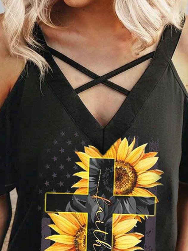 Cross Sunflower Print Off-shoulder T-shirt - T-Shirts - INS | Online Fashion Free Shipping Clothing, Dresses, Tops, Shoes - 24/05/2021 - Category_T-Shirts - Color_Black