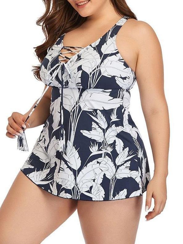 Cross Tie Print Plus Size Strap Skirt Swimsuit - Plus Swimsuits - INS | Online Fashion Free Shipping Clothing, Dresses, Tops, Shoes - 22/04/2021 - Color_Dark Blue - Plus Swimsuits