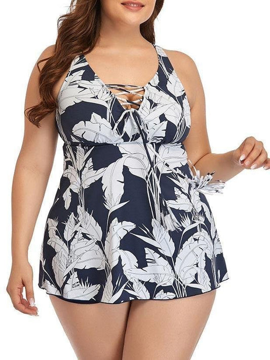 Cross Tie Print Plus Size Strap Skirt Swimsuit - Plus Swimsuits - INS | Online Fashion Free Shipping Clothing, Dresses, Tops, Shoes - 22/04/2021 - Color_Dark Blue - Plus Swimsuits