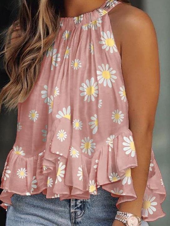 Daisy Print Halterneck Loose Tank Top - Tanks - INS | Online Fashion Free Shipping Clothing, Dresses, Tops, Shoes - 04/06/2021 - Category_Tanks - Color_Green