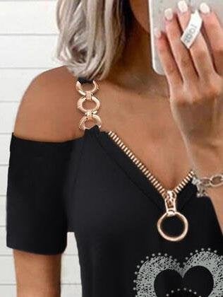 Deep V Metal Sling Zipper Off-shoulder Short Sleeve T-shirt - T-Shirts - INS | Online Fashion Free Shipping Clothing, Dresses, Tops, Shoes - 31/05/2021 - Category_T-Shirts - Color_Black