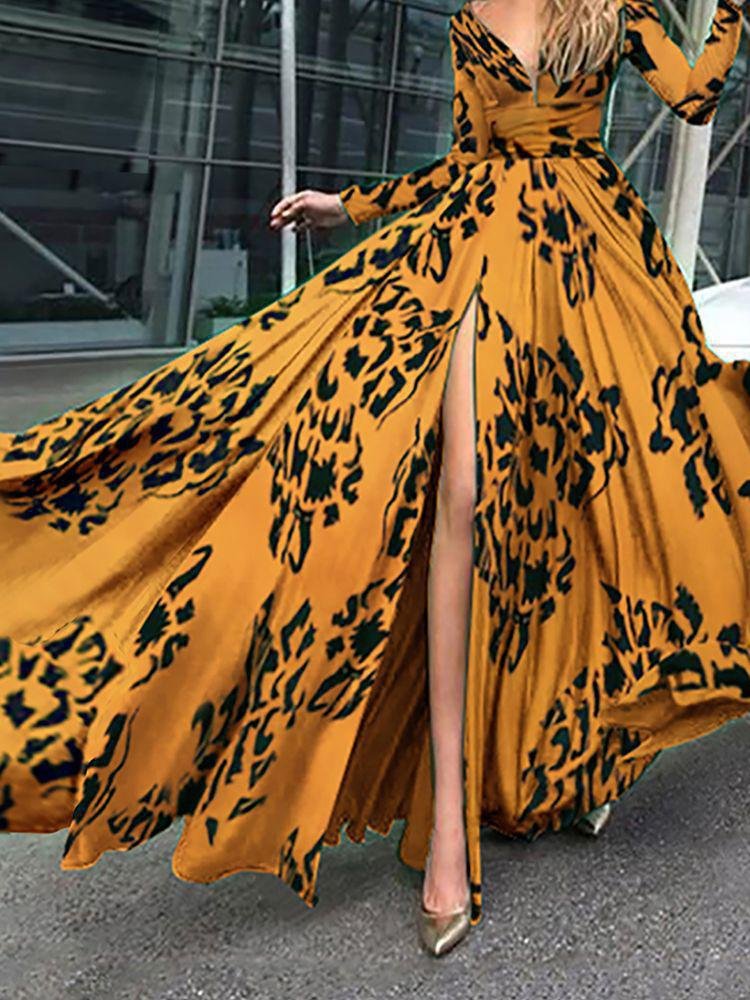 Deep V-neck Long-sleeved High-slit Evening Gown - Maxi Dresses - INS | Online Fashion Free Shipping Clothing, Dresses, Tops, Shoes - 03/07/2021 - 30-40 - color-yellow