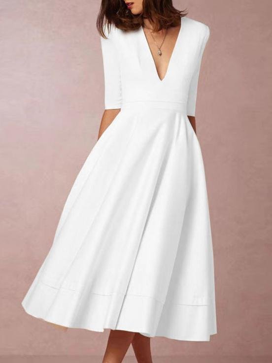 Deep V Neck Mid-sleeve Midi Dress - Midi Dresses - INS | Online Fashion Free Shipping Clothing, Dresses, Tops, Shoes - 07/06/2021 - Color_Black - Color_Red