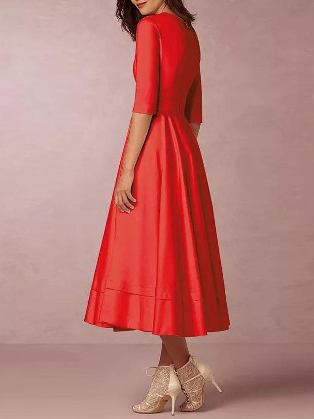 Deep V Neck Mid-sleeve Midi Dress - Midi Dresses - INS | Online Fashion Free Shipping Clothing, Dresses, Tops, Shoes - 07/06/2021 - Color_Black - Color_Red