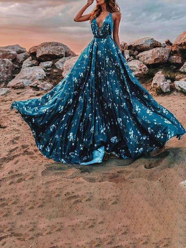 Deep V Sleeveless Sling Print Flowy Dress - Maxi Dresses - INS | Online Fashion Free Shipping Clothing, Dresses, Tops, Shoes - 05/06/2021 - Color_Blue - DRE2106050107