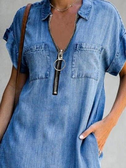 Denim Washed Short Sleeve Zipper Lapel Dress - Midi Dresses - INS | Online Fashion Free Shipping Clothing, Dresses, Tops, Shoes - 07/06/2021 - Category_Midi Dresses - Color_Blue