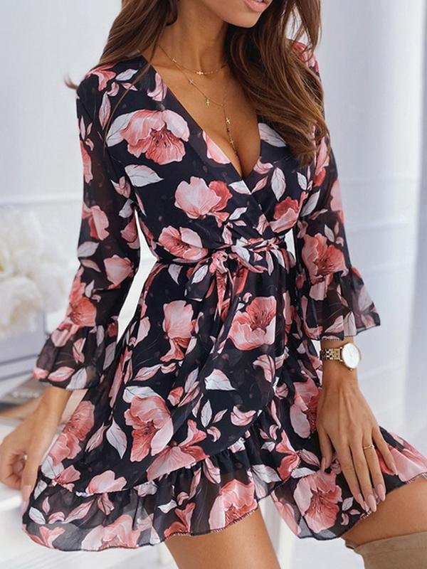 Disty Print Ruffle Half Sleeve And Hem Mini Dress - Mini Dresses - INS | Online Fashion Free Shipping Clothing, Dresses, Tops, Shoes - 23/04/2021 - Catagory_Mini Dresses - Color_Black