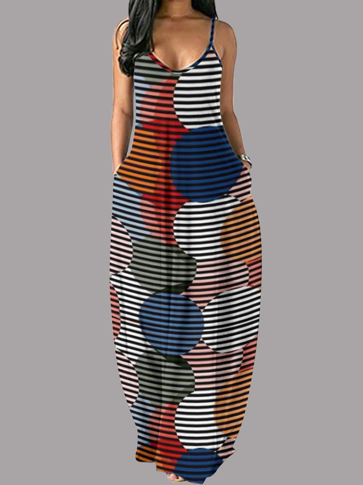 Dot & Stripes Printed Sleeveless Sling Maxi Dress - Maxi Dresses - INS | Online Fashion Free Shipping Clothing, Dresses, Tops, Shoes - 10/06/2021 - Color_Black - Color_Blue