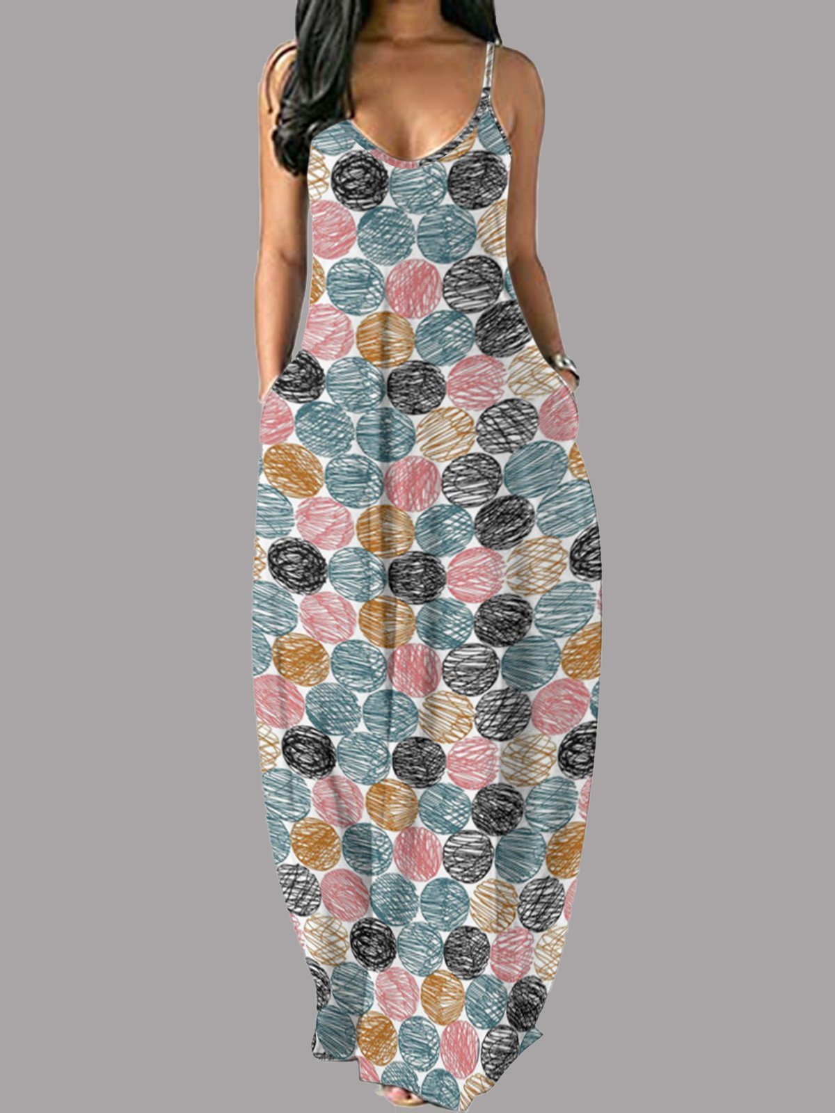 Dot & Stripes Printed Sleeveless Sling Maxi Dress - Maxi Dresses - INS | Online Fashion Free Shipping Clothing, Dresses, Tops, Shoes - 10/06/2021 - Color_Black - Color_Blue