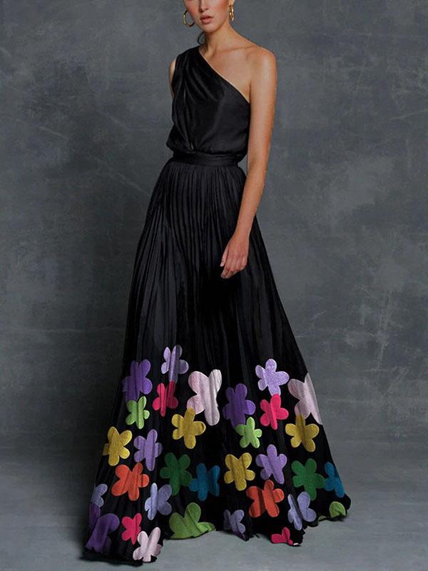 Elegant One Shoulder Flower Print A Line Prom Dress - Prom Dresses - INS | Online Fashion Free Shipping Clothing, Dresses, Tops, Shoes - 13/05/2021 - Color_Black - DRE210518914