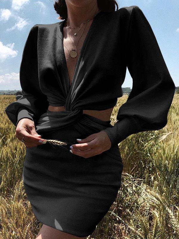 Elegant V-neck Puff Sleeve Skirt - Mini Dresses - INS | Online Fashion Free Shipping Clothing, Dresses, Tops, Shoes - 20-30 - 29/06/2021 - color-black