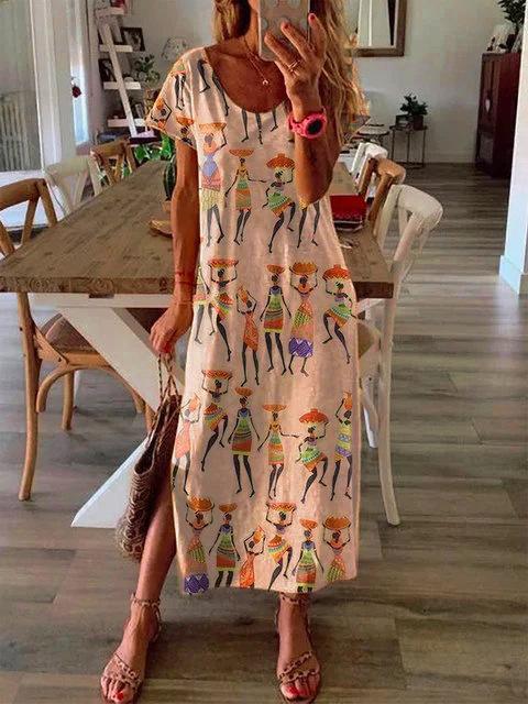 Ethnic Print Loose Short Sleeve Dress - Maxi Dresses - INS | Online Fashion Free Shipping Clothing, Dresses, Tops, Shoes - 07/07/2021 - 20-30 - color-khaki
