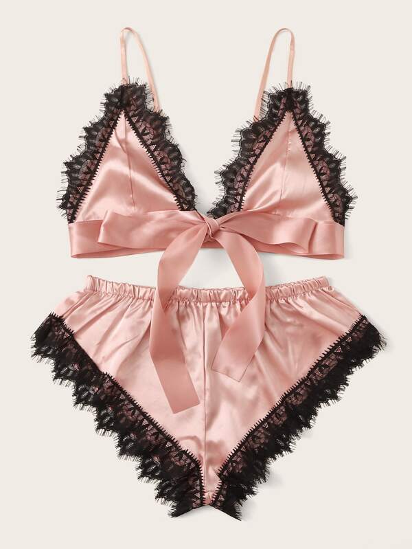 Eyelash Floral Lace Satin Lingerie Set - INS | Online Fashion Free Shipping Clothing, Dresses, Tops, Shoes