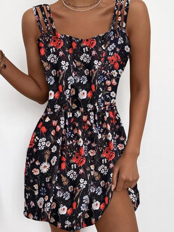 Fashion Floral Print Sleeveless Sling Mini Skirt - Mini Dresses - INS | Online Fashion Free Shipping Clothing, Dresses, Tops, Shoes - 10/06/2021 - Color_Red - Color_White
