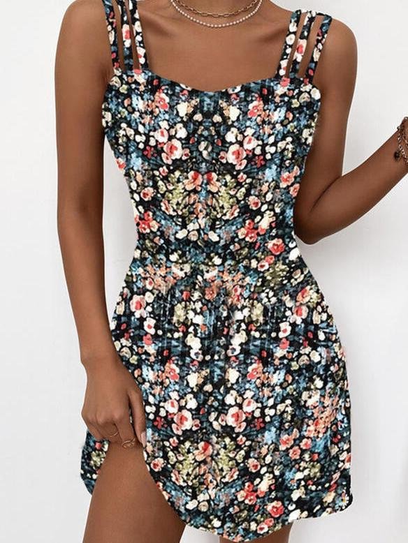 Fashion Floral Print Sleeveless Sling Mini Skirt - Mini Dresses - INS | Online Fashion Free Shipping Clothing, Dresses, Tops, Shoes - 10/06/2021 - Color_Red - Color_White