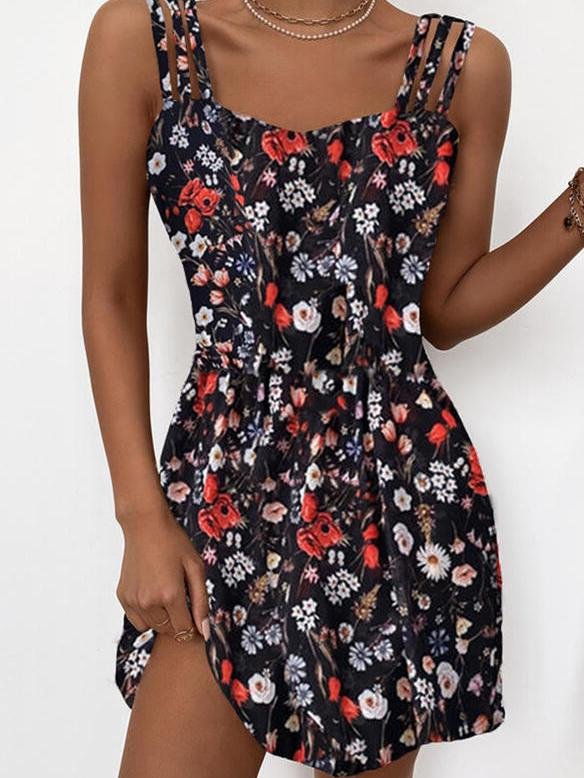 Fashion Floral Print Sleeveless Sling Mini Skirt - Mini Dresses - INS | Online Fashion Free Shipping Clothing, Dresses, Tops, Shoes - 10/06/2021 - Color_Red - Color_White