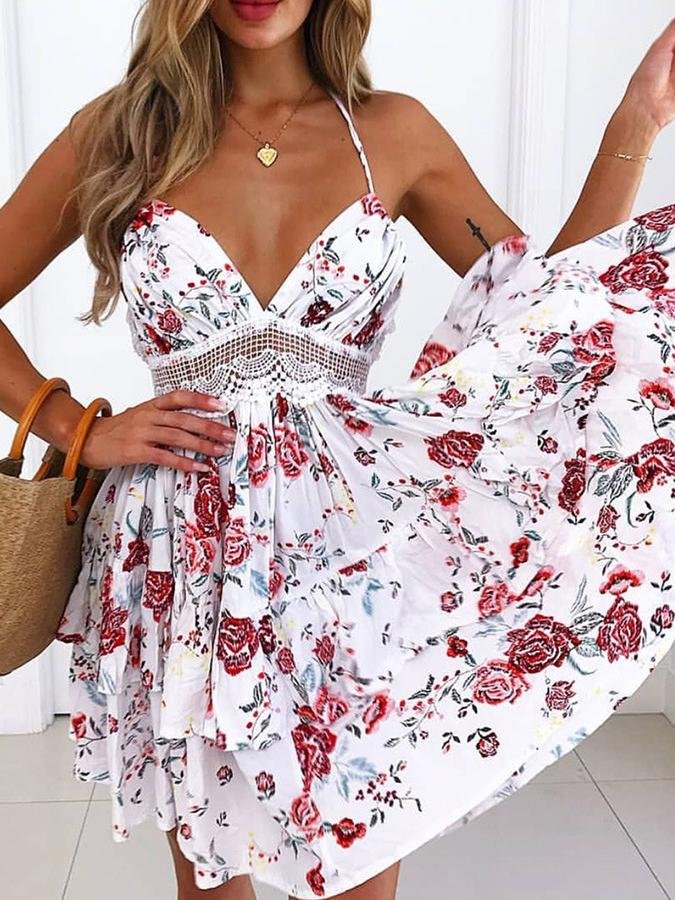 Fashion Floral Print V Neck Sling Sleeveless Mini Dress - Mini Dresses - INS | Online Fashion Free Shipping Clothing, Dresses, Tops, Shoes - 22/05/2021 - Color_Blue - Color_Red