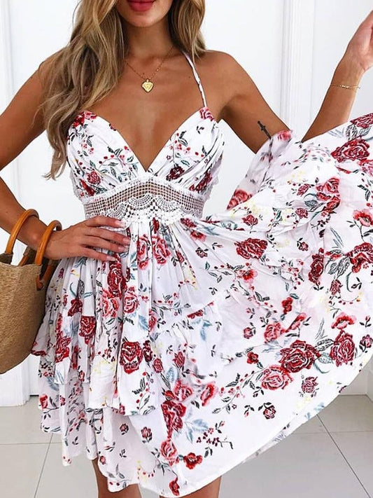 Fashion Floral Print V Neck Sling Sleeveless Mini Dress - Mini Dresses - INS | Online Fashion Free Shipping Clothing, Dresses, Tops, Shoes - 22/05/2021 - Color_Blue - Color_Red