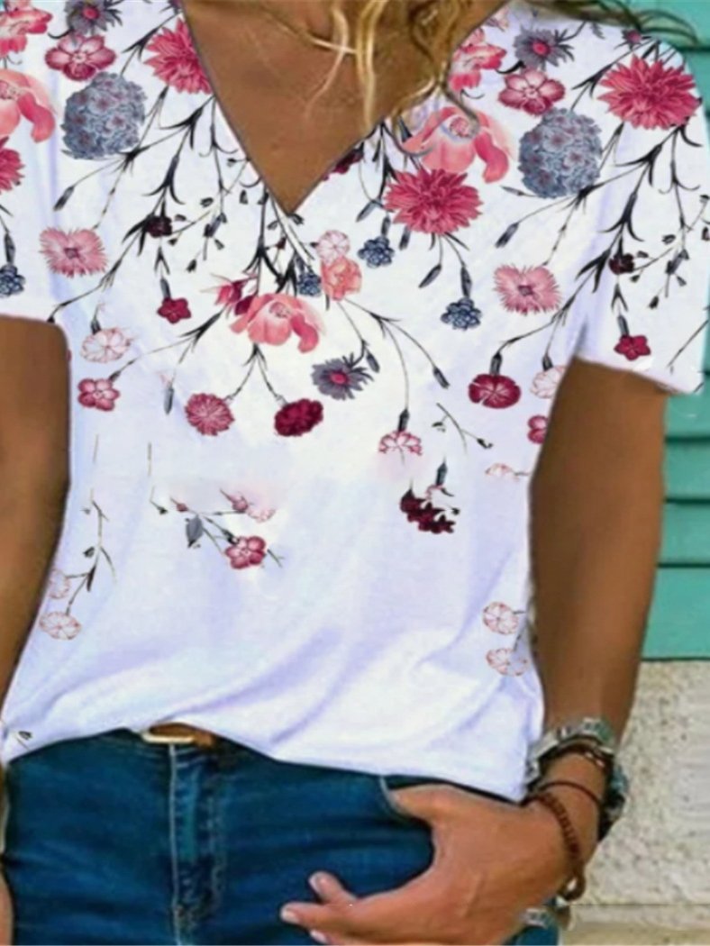 Fashion Floral Print V-neck T-shirt - T-shirts - INS | Online Fashion Free Shipping Clothing, Dresses, Tops, Shoes - 10-20 - 21/06/2021 - color-white