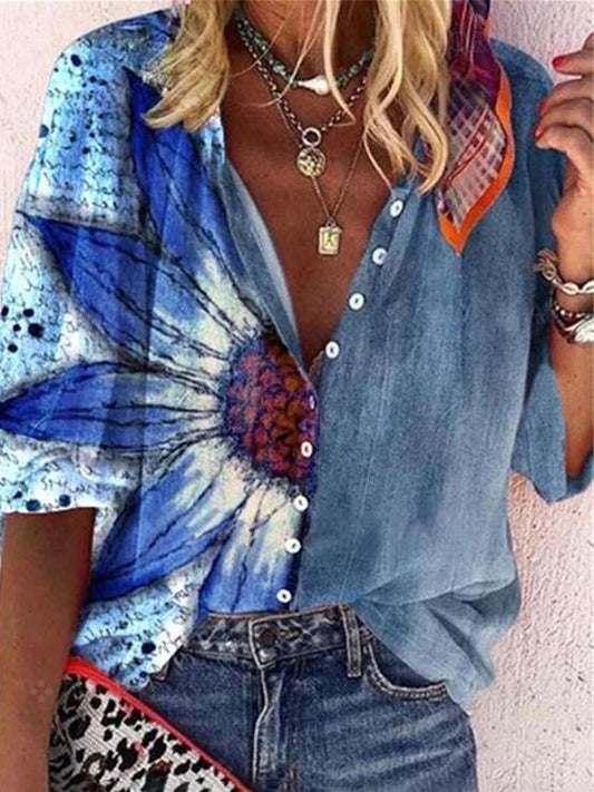 Fashion Flower Printed Button-up Shirt - Blouses - INS | Online Fashion Free Shipping Clothing, Dresses, Tops, Shoes - 02/06/2021 - BLO210602305 - Blouses
