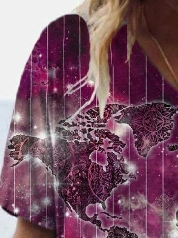 Fashion Map Printed V-neck Short-sleeved T-shirt - T-shirts - INS | Online Fashion Free Shipping Clothing, Dresses, Tops, Shoes - 07/06/2021 - Color_Purple - Color_Red