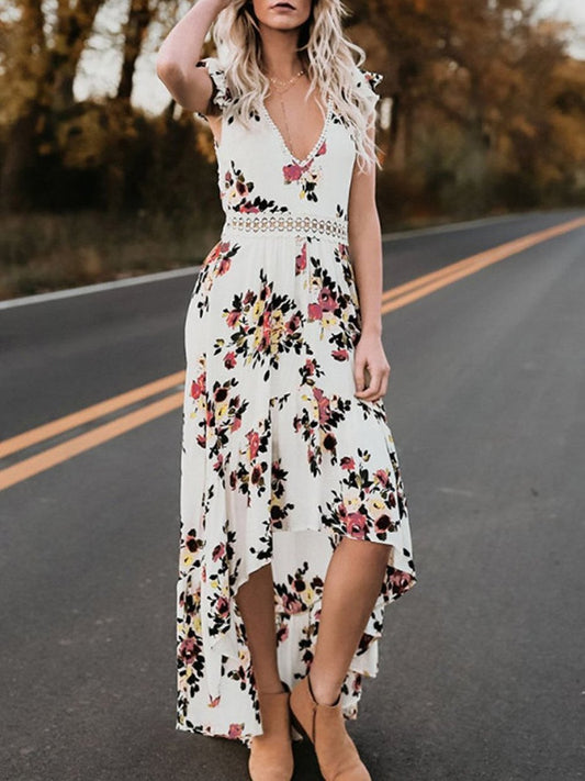 Fashion Sleeveless Floral Print Irregular Dress - Maxi Dresses - INS | Online Fashion Free Shipping Clothing, Dresses, Tops, Shoes - 22/05/2021 - Color_Black - Color_White