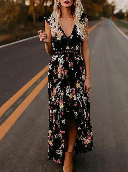 Fashion Sleeveless Floral Print Irregular Dress - Maxi Dresses - INS | Online Fashion Free Shipping Clothing, Dresses, Tops, Shoes - 22/05/2021 - Color_Black - Color_White