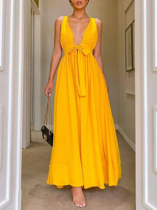 Fashion Solid Color Deep V Neck Backless Maxi Dress - Maxi Dresses - INS | Online Fashion Free Shipping Clothing, Dresses, Tops, Shoes - 20/05/2021 - Color_Yellow - DRE2105201025