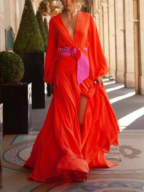 Fashion Solid Color V-neck Long-sleeved Dress - Maxi Dresses - INS | Online Fashion Free Shipping Clothing, Dresses, Tops, Shoes - 10/06/2021 - Color_Green - Color_Orange