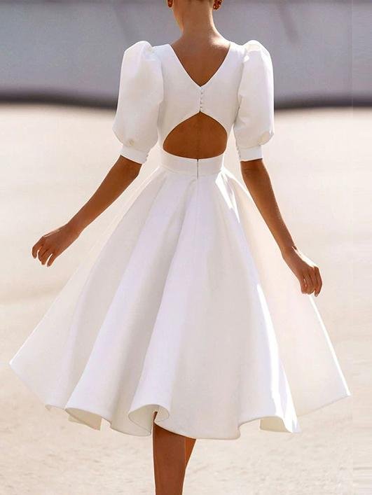 Fashion Solid Puff Mid Sleeve Big Swing Midi Dresses - Midi Dresses - INS | Online Fashion Free Shipping Clothing, Dresses, Tops, Shoes - 06/07/2021 - 30-40 - color-black