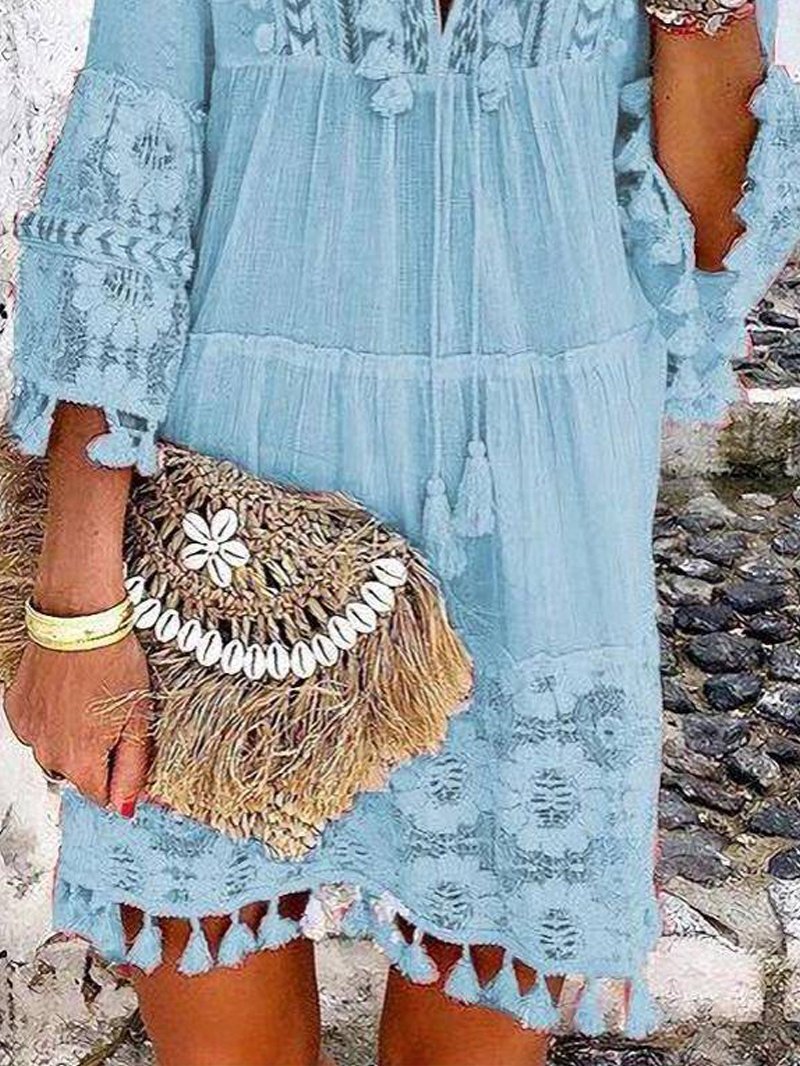 Fashion V-neck Lace Fringed Mini Dress - Mini Dresses - INS | Online Fashion Free Shipping Clothing, Dresses, Tops, Shoes - 24/05/2021 - Color_Light Blue - Color_Pink