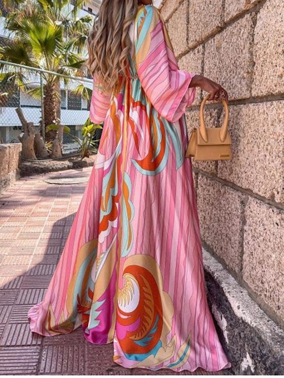 Fashion V-neck Mid-sleeve Print Dress - Maxi Dresses - INS | Online Fashion Free Shipping Clothing, Dresses, Tops, Shoes - 23/06/2021 - 40-50 - color-pink