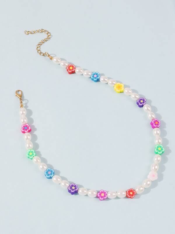 Faux Pearl & Flower Beaded Necklace - INS | Online Fashion Free Shipping Clothing, Dresses, Tops, Shoes
