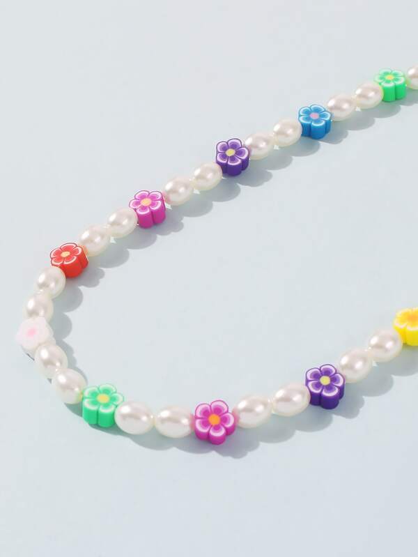 Faux Pearl & Flower Beaded Necklace - INS | Online Fashion Free Shipping Clothing, Dresses, Tops, Shoes